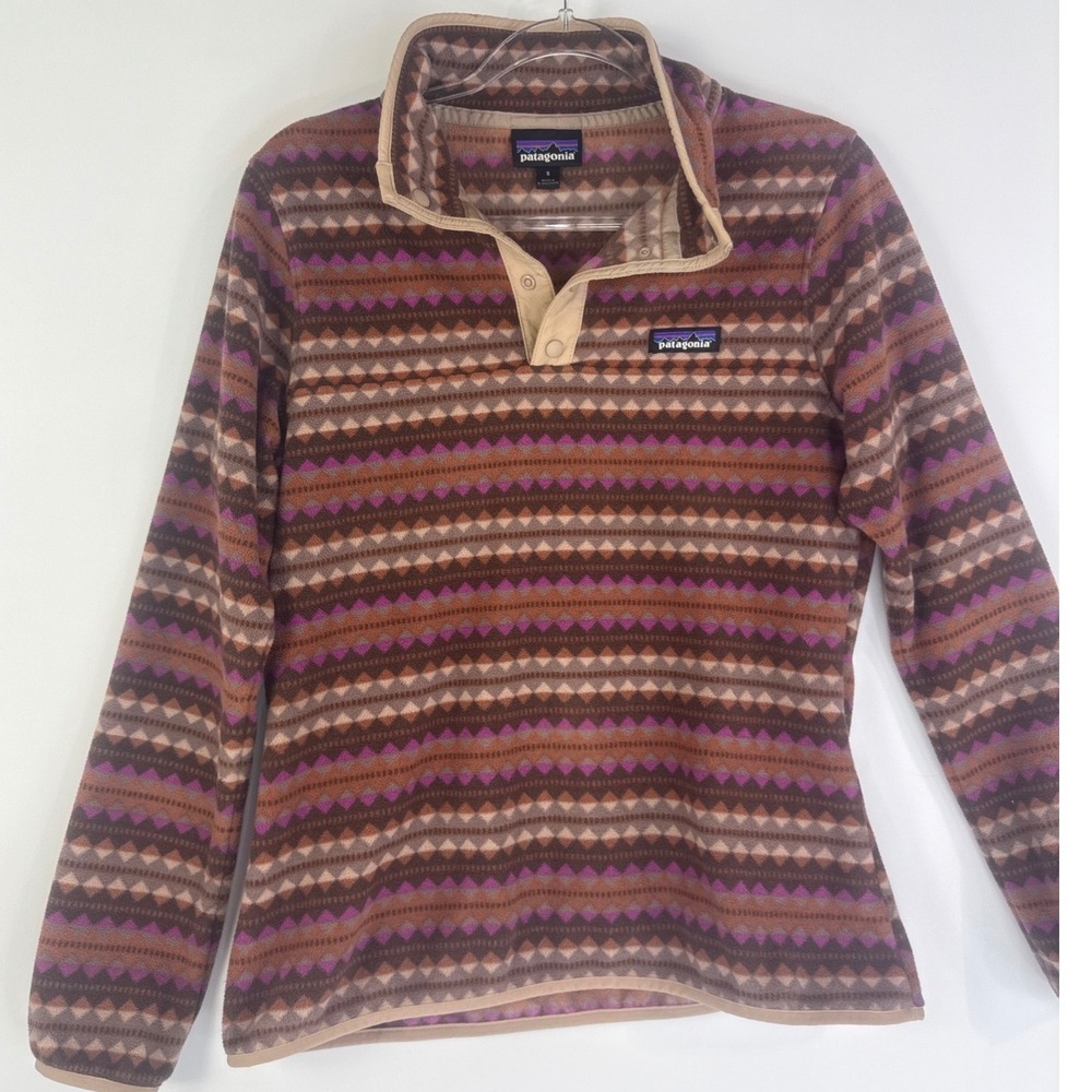 Patagonia Micro D Snap-T Pullover Womens S Brown Diamond Stripe Sisu 26020